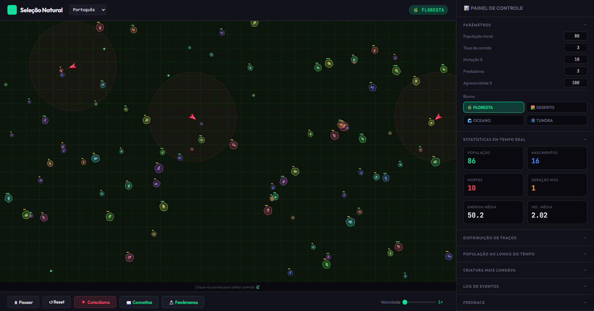 Simulação visual de seleção natural mostrando criaturas evoluindo em diferentes ambientes